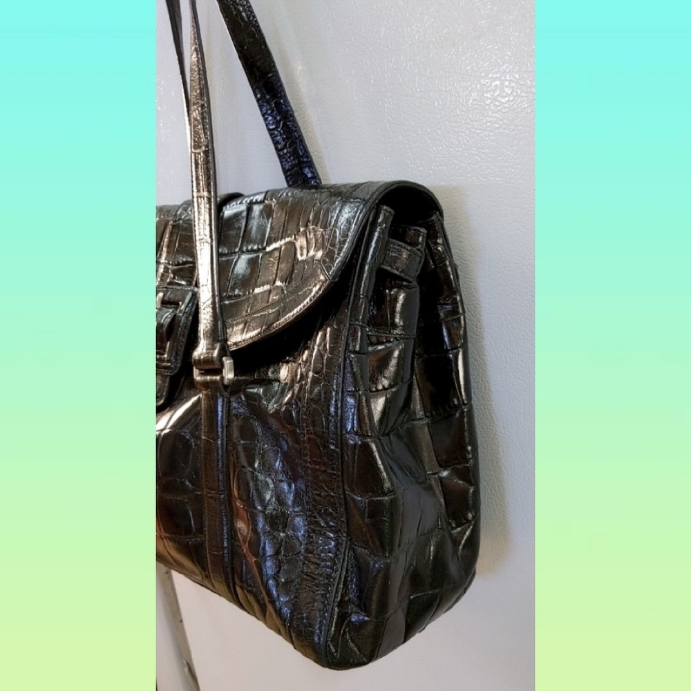 ✨✨ANN TAYLOR BLACK EMBOSSED CROC LEATHER TOTE BAG - Picture 5 of 8